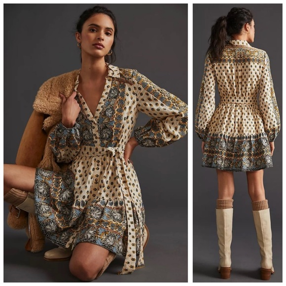 Anthropologie Floral Embroidered Belted Mini Shirtdress - Picture 1 of 8